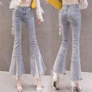 Mesh Panel Cropped Boot-cut Jeans