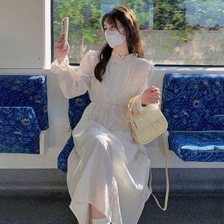 Long-sleeve Plain Frill Trim Midi A-line Dress