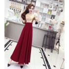 V-neck Elbow-sleeve Maxi A-line Dress