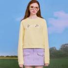 Raglan- Sleeve Embroidered Cropped Pullover Yellow - One Size