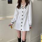 Contrast Trim Sailor Collar Button Mini A-line Dress