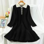 Collared Long-sleeve A-line Knit Dress Black - One Size