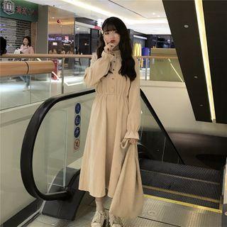 Mock-neck Plain Lace-up Bell-sleeve A-line Dress
