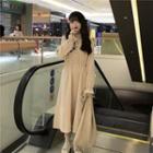Mock-neck Plain Lace-up Bell-sleeve A-line Dress