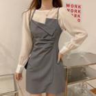 Set: Long-sleeve Blouse + Irregular A-line Mini Pinafore Dress
