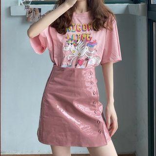 Short-sleeve Unicorn Print T-shirt / Button-up Mini A-line Skirt