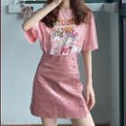 Short-sleeve Unicorn Print T-shirt / Button-up Mini A-line Skirt