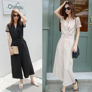 Mesh Panel Short-sleeve Jumpsuit