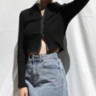 Collared Zip-up Cropped Cardigan