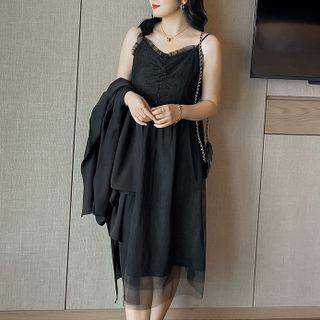 Spaghetti Strap Frill Trim Mesh Overlay A-line Dress