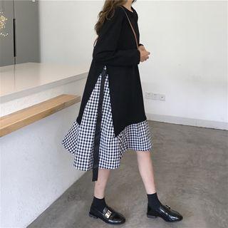 Mock-two Check Long-sleeve Loose-fit Dress Black - One Size