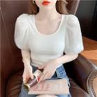 Puff-sleeve Scoop-neck Fitted Top