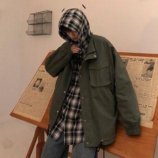Inset Plaid Hood Pocket-front Jacket