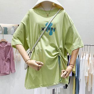 Lettering Drawstring Ruched Elbow-sleeve T-shirt