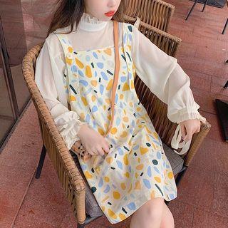 Long-sleeve Chiffon Top / Printed Pinafore Dress