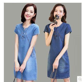 Short-sleeve Denim A-line Mini Dress