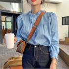 Long-sleeve Plain Ruffled Shirt Blue - One Size