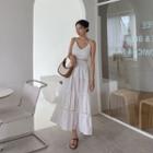 Sleeveless Lace-panel Tiered Long Dress White - One Size