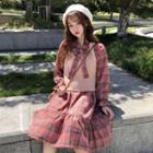 Plaid Long-sleeve Midi A-line Dress / Rib Knit Vest