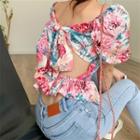 Short-sleeve Open-back Floral Print Slim-fit Top As Figure - One Size