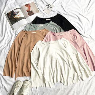 Plain Round-neck Asymmetric Long-sleeve Top