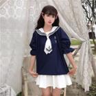 Embroidered Sailor Collar Elbow-sleeve Top / Pleated Mini A-line Skirt