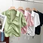 V-neck Plain Lace-up Cropped Blouse