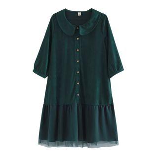 Long-sleeve Mesh Panel Faux Suede Shirt Dress