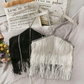 Rhinestone-trim Fringed Halter Top