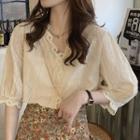 Elbow-sleeve Lace Trim Blouse / Floral Print Midi Skirt