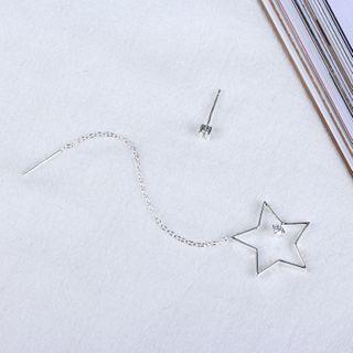 Non-matching Rhinestone Star Dangle Earring 1 Pair - 925 Silver - Silver - One Size