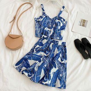 Set: Leaf Print Sleeveless Top + A-line Midi Skirt
