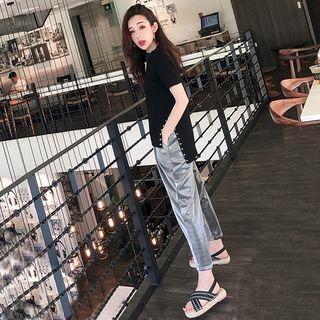 Set: Short-sleeve Studded Knit Top + Drawstring Pants