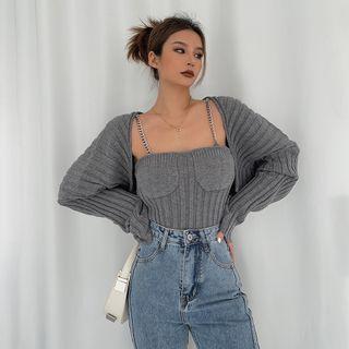 Set: Chain-strap Knit Camisole Top + Cape Top
