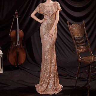 Short-sleeve Glittered Evening Gown