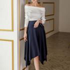 Long-sleeve Off-shoulder Top / Midi A-line Satin Skirt