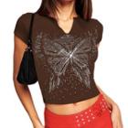 Butterfly Graphic And Rhinestone Short Sleeve V-neck T-shirt