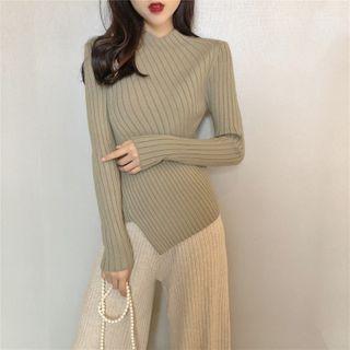 Asymmetric Hem Ribbed Plain Knit Top
