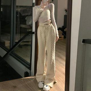 Long-sleeve Heart Cutout Crop Top / Drawstring Slit-hem Pants