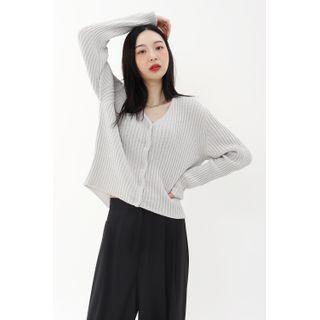 V-neck Boucl  Ribbed Cardigan Gray - One Size