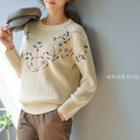 Flower-embroidered Rib-knit Sweater