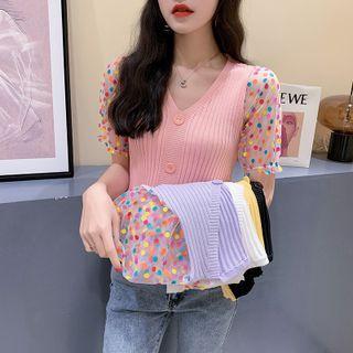 Short-sleeve Mesh Panel V-neck Knit Top