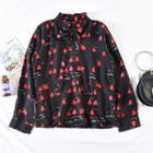 Long-sleeve Printed Blouse Black - One Size