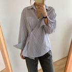 Striped Long-sleeve Wrap-front Blouse