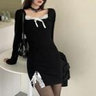 Slit-side Lace Trim Mini Sheath Dress Black - One Size