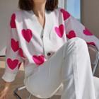 Heart Print V-neck Cardigan Pink Hearts - White - One Size