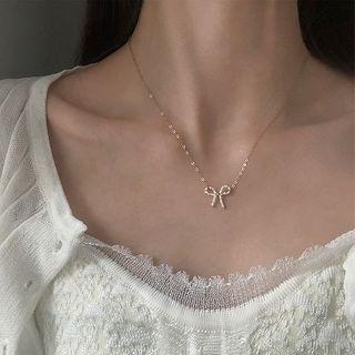 925 Sterling Silver Pearl Bow Pendant Necklace White Bow - Gold - One Size