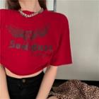Printed Loose-fit Cropped T-shirt Red - One Size
