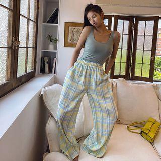 Textured Plaid Wide-leg Pants