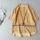 Short-sleeve Printed Lace Trim Stand Collar Linen Shirt